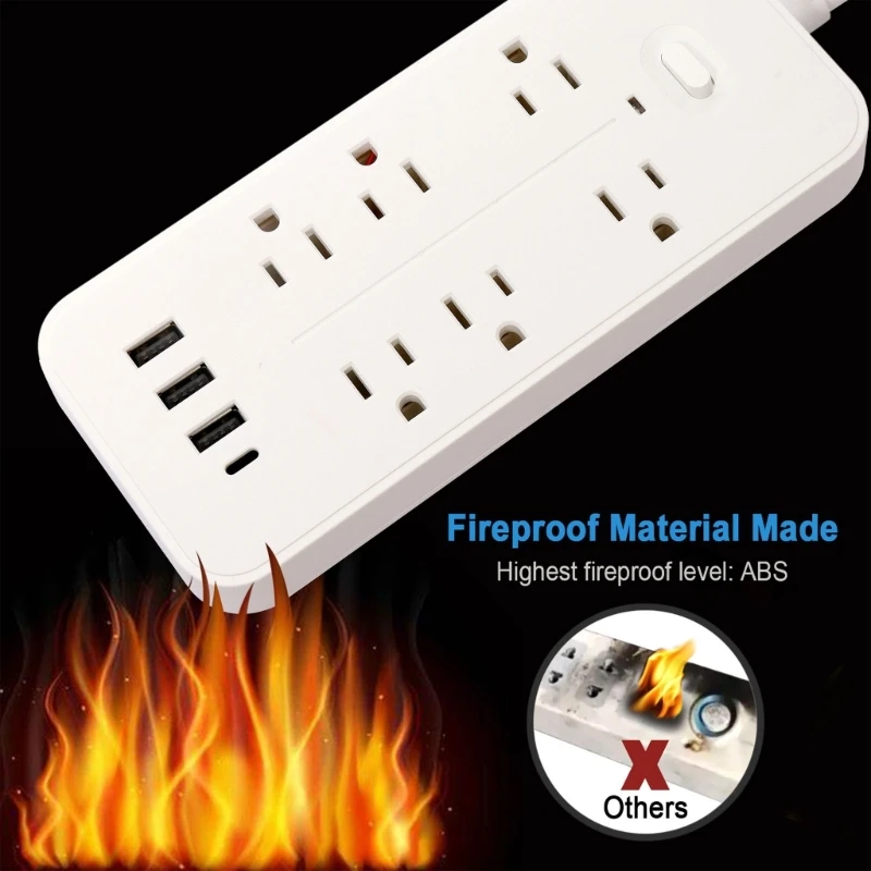 10 in 1 Power Strip Surge Protector Flat Plug with 6pcs Widely-Spaced Outlets & 3x USB Ports +1pc Type-C Interface