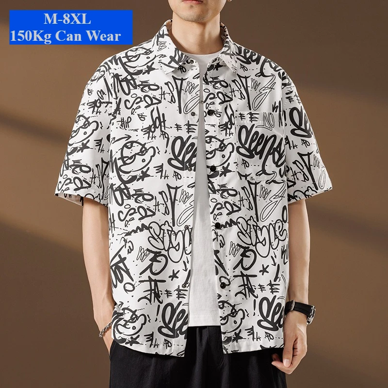 Male Printed Shirts Casual Office Wear Summer Holiday Beach Hawaii Tee Tops Fashion Fat Man Plus Size 8XL Loose Breathable Shirt