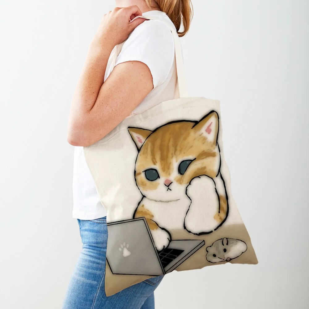 Kawaii Funny Cat Hamster Women Shopping Bags Tote Handbag Animal Both Print Canvas Foldable Cloth Lady Shoulder Shopper Bag