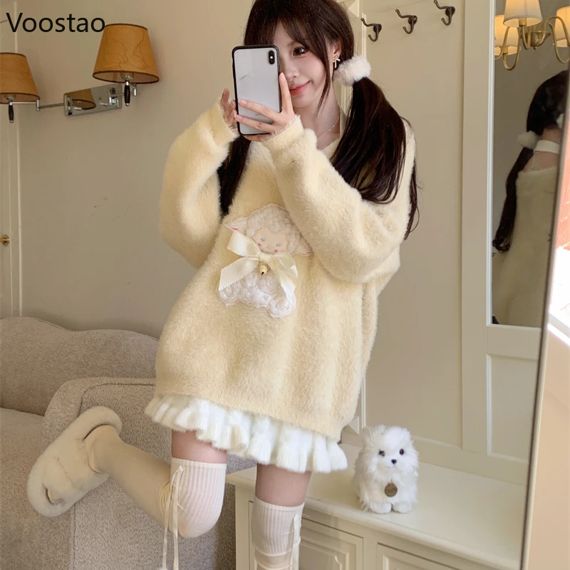 Spring Autumn Kawaii Lolita Sweaters Women Cute Cartoon Sheep Embroidery V-Neck Knitted Pullovers Coat Y2k Loose Knitwear Tops