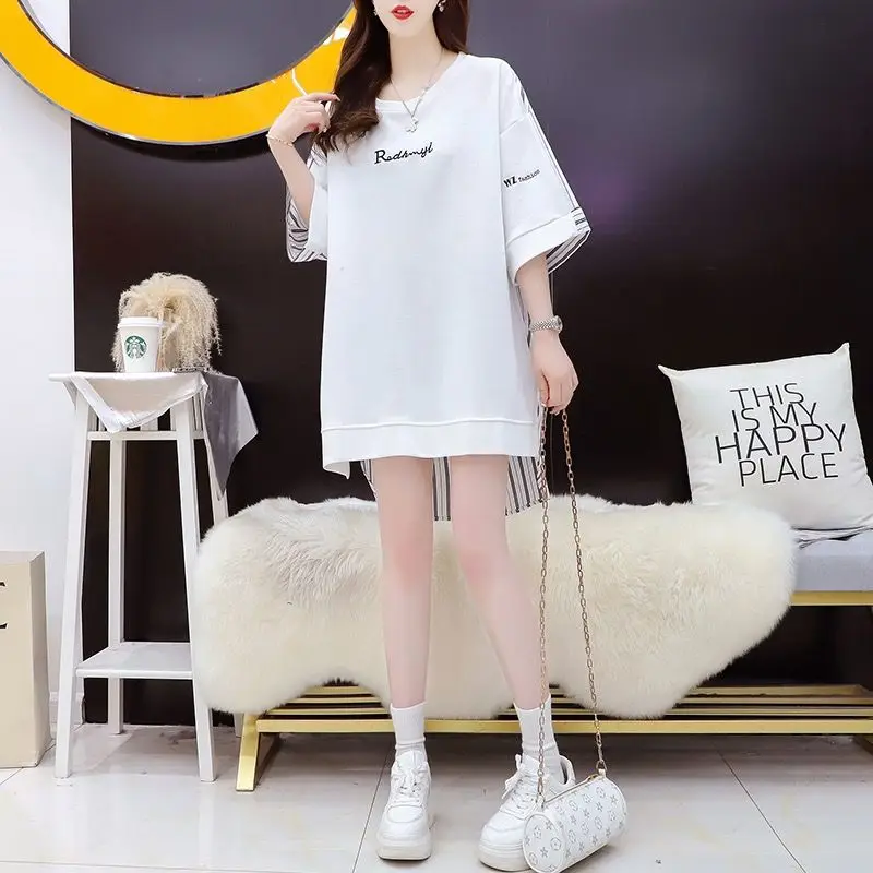 Summer Western Style Personalized Fashion Splicing Stripes Loose Oversize Casual Short Front and Long Back T-shirt for Women