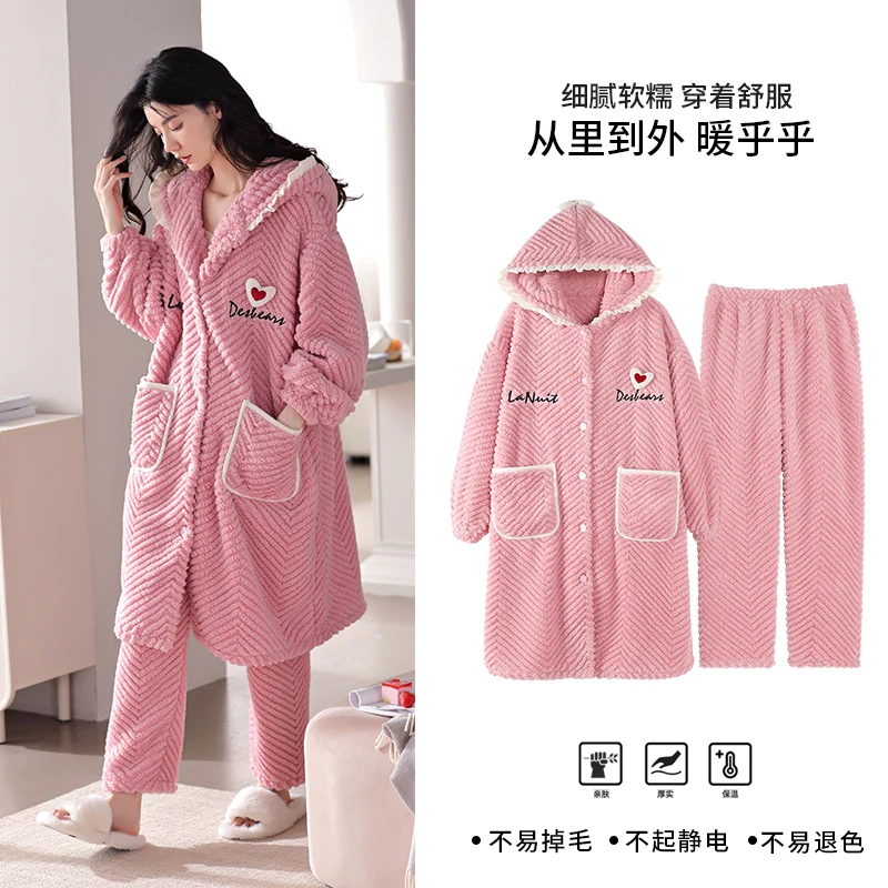 High Quality Sexy Robe + Pant Women Solid Kimono Robes Winter Thick Warm Flannel Robe Casual Soft Female Hooded Bathrobe