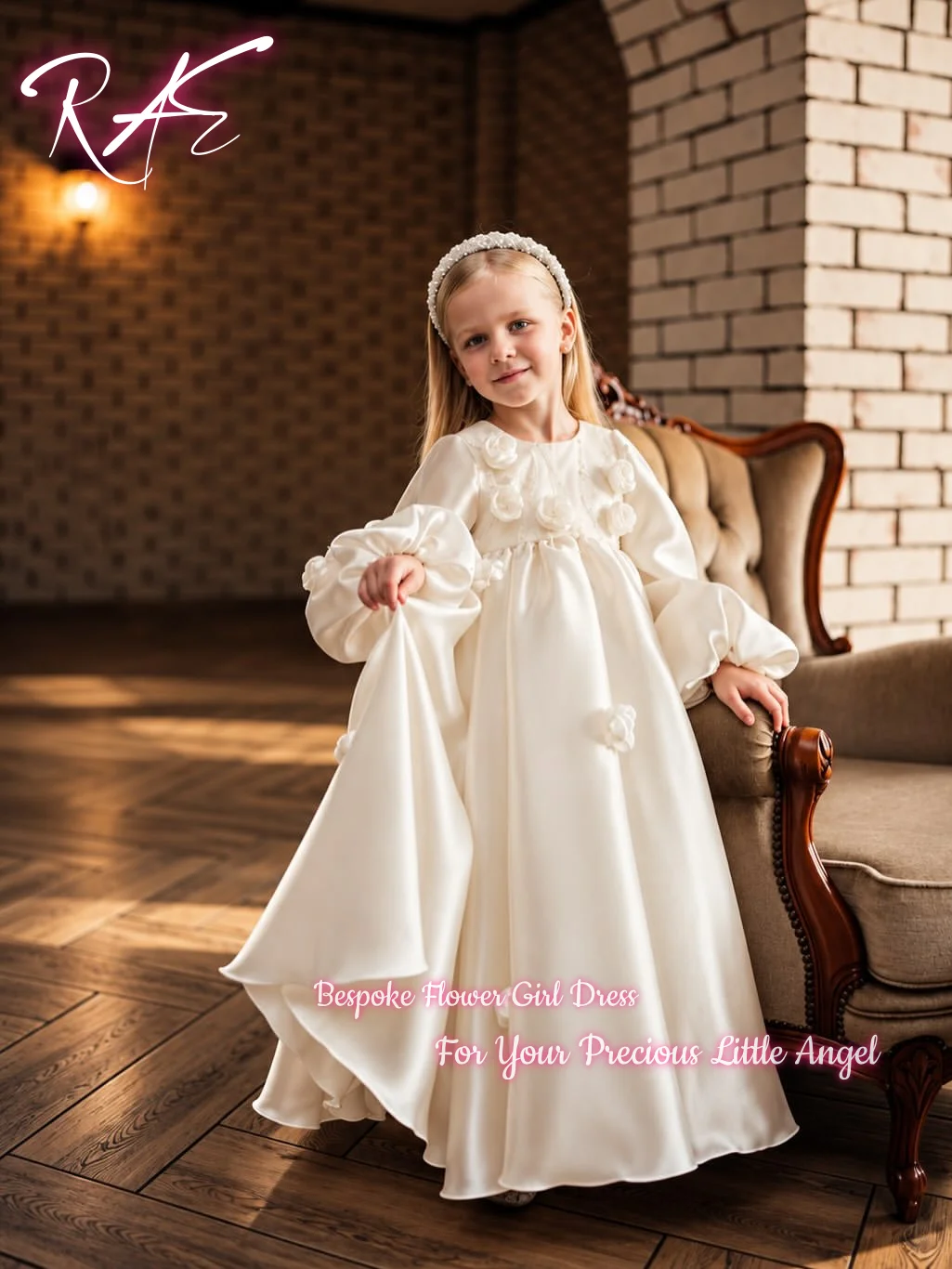 Elegant Ivory Flower Girl Dress For Wedding Birthday First Communion Pageant A Line Floor Length Satin Puff Sleeve 3D Floral