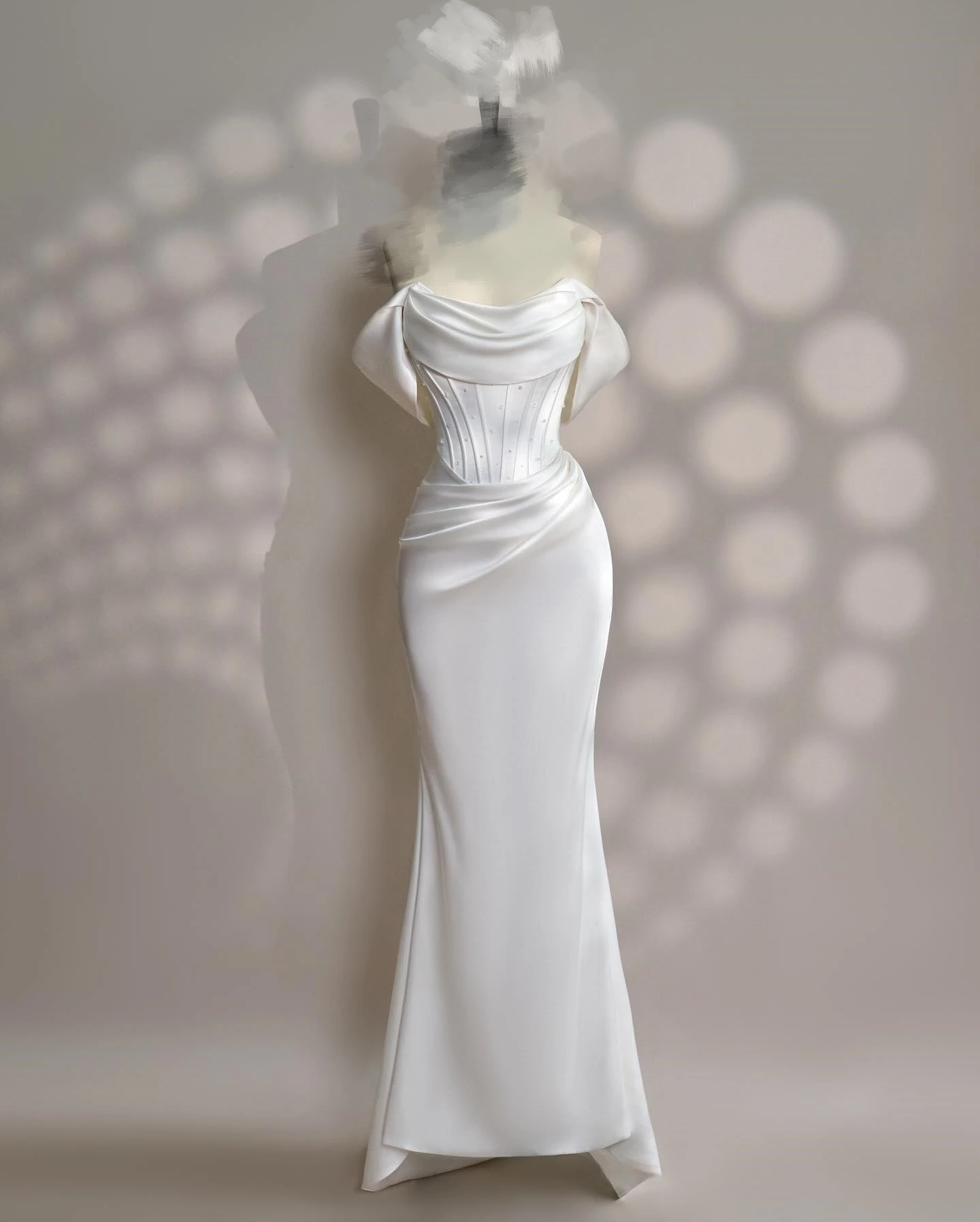 Customized Graceful Satin Mermaid Off the Shoulder Pearls Evening Dress Temperament Short Sleeves Strapless Celebrity Gowns