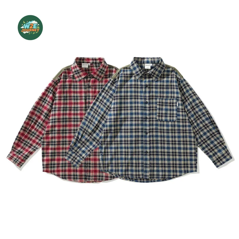 

W2EJOURNEY EU US Size Top Quality Outdoor Clothing Autumn Winter Vintage Loose Fit College Work Casual Checked Shirt