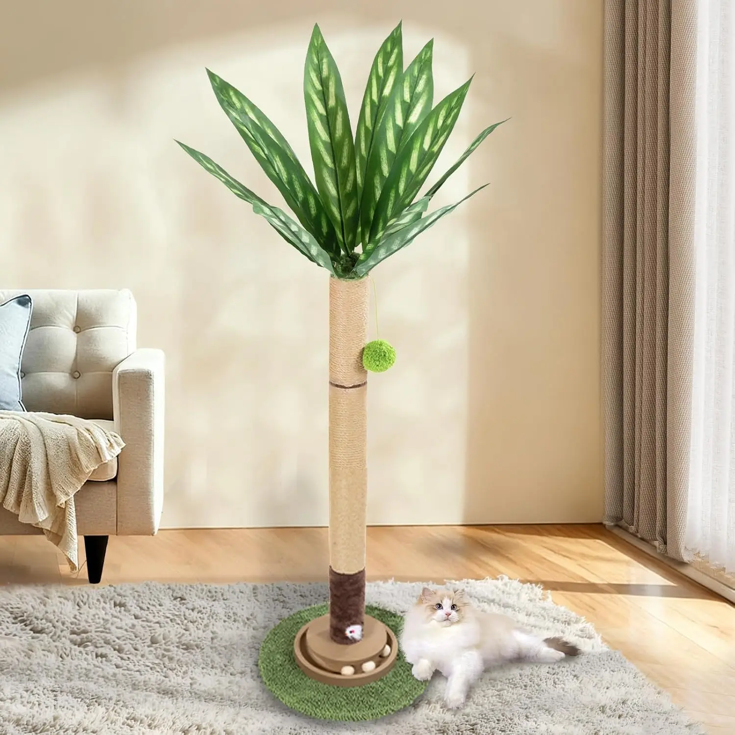 

Cat Scratching Post, 35 Inch Tall Cat Scratcher Cat Tree Tower with Hanging Ball for Indoor Cats Adults,Peacock Plant Le