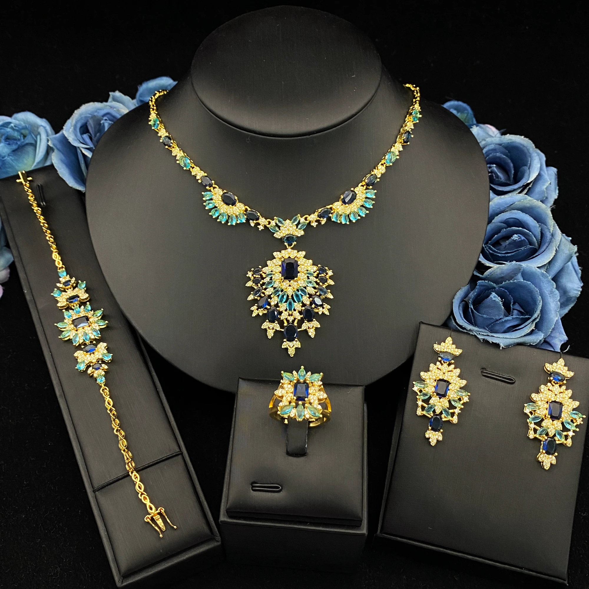 

JRH Zirconia Jewelry Set for Women Gold Plated Brass Bracelet Necklace Earrings Ring Perfect Birthday Gift for UAE Saudi