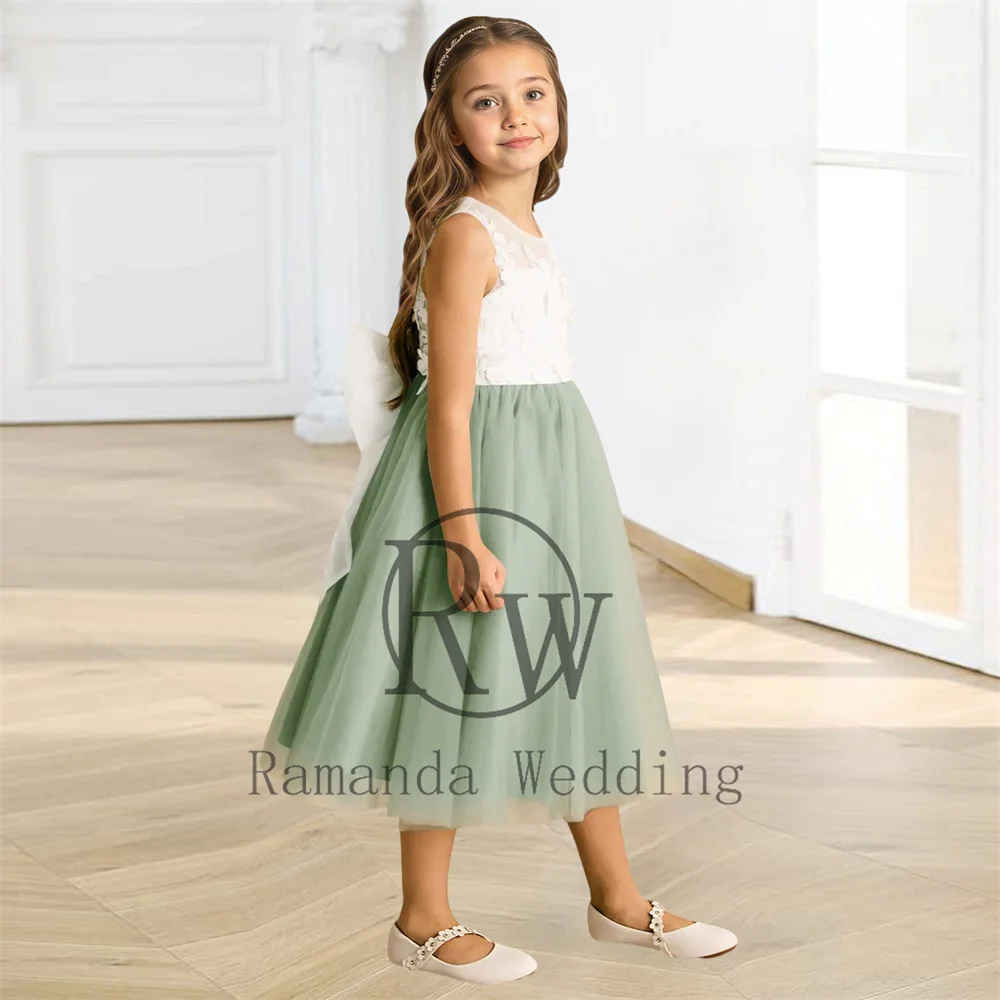 فساتين راماندا مزينة بالدانتيل على شكل حرف a للفتيات بفيونكة ورقبة دائرية بدون أكمام مطوي من التل لحفلات الزفاف فستان فيستدوس دي فيستا مخصص