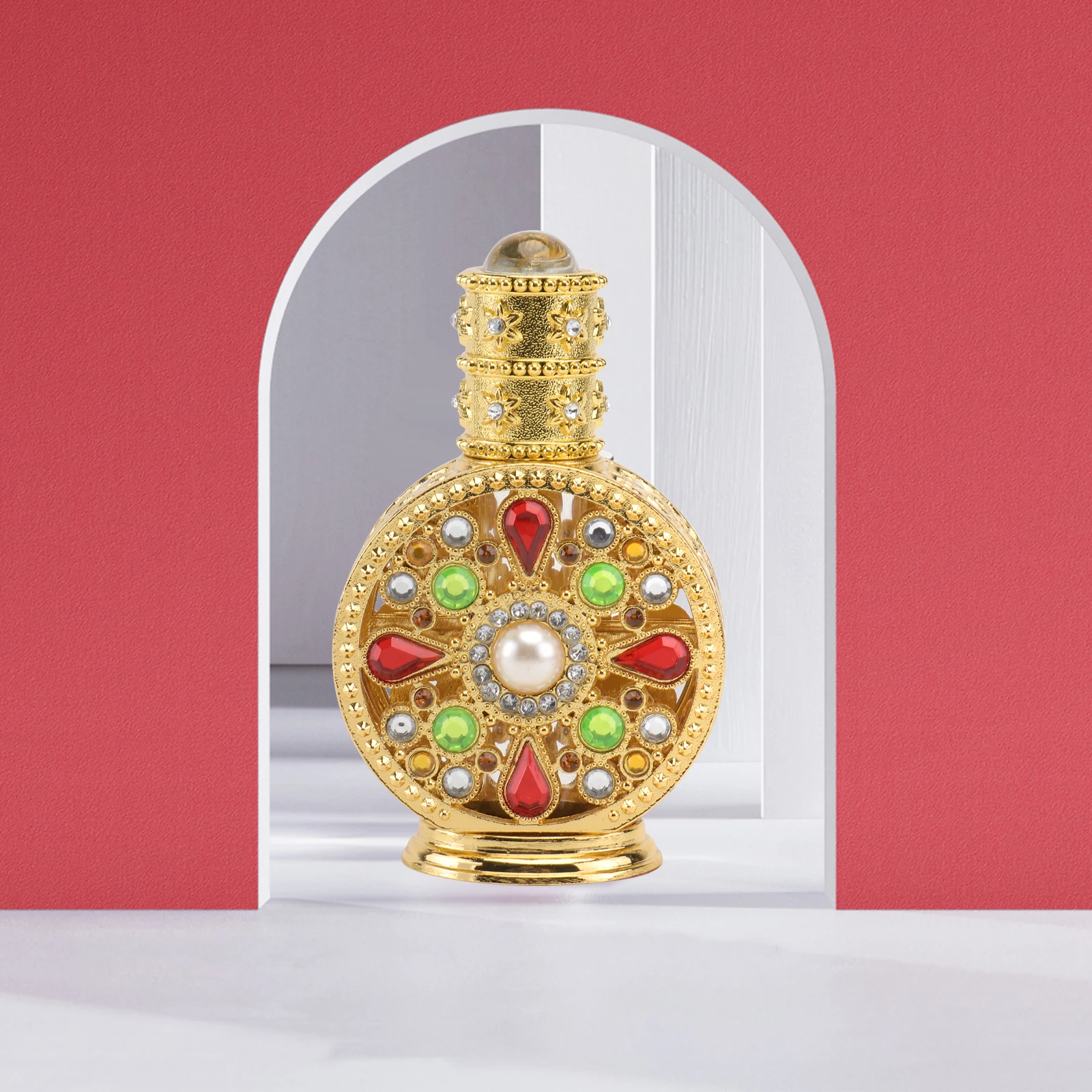

Refillable Glass Perfume Bottle 50ml Golden Colored Stones Fashionable Room Travel Scent Container
