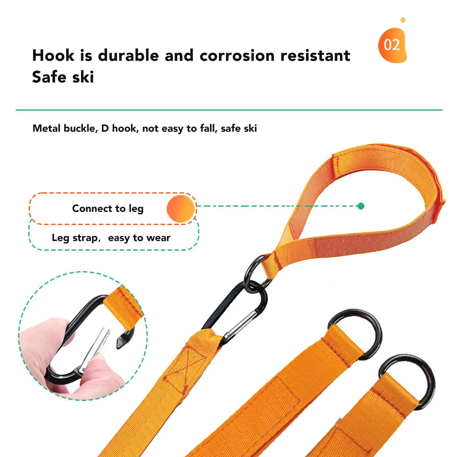 210cm Ski Harness with Thickened Buckle - Orange Traction  for kids ' Ski Training, Hook & Loop Design