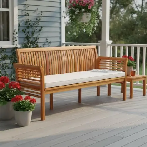 3-Seat Patio Acacia Wood Bench with Cushion, 62.5” Extra Long Outdoor Chair with Dense Slatted Backrest & Armrests