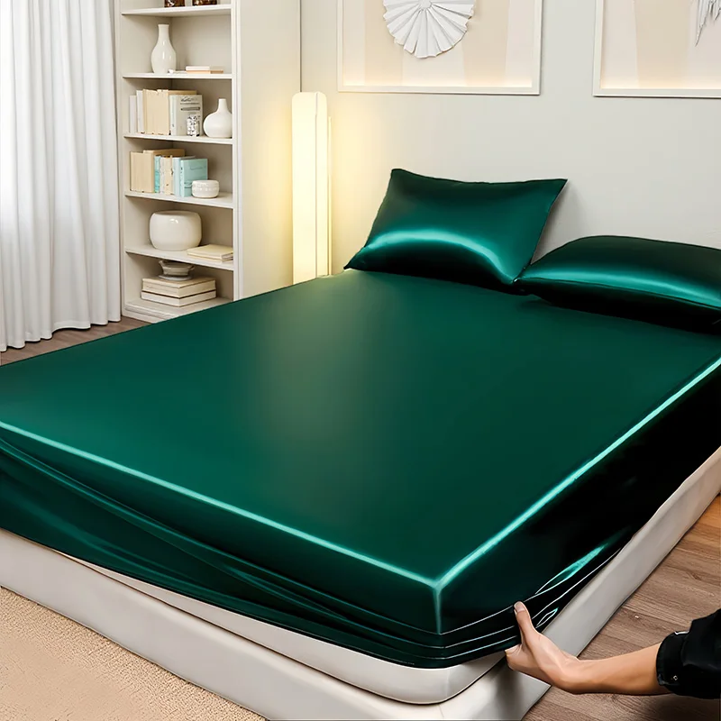 1PC Solid Color Fitted Sheet Satin Mattress Cover Elastic Band Bed Sheet King Twin Full Queen King Size No Pillowcase Beddings