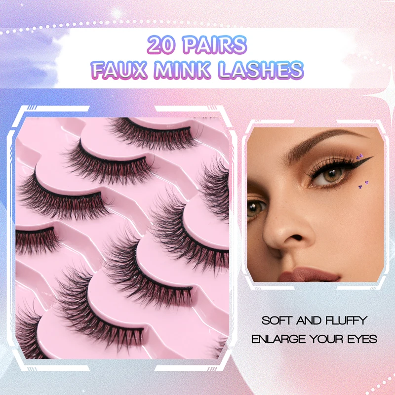 Lashes 20 Pairs 3D Faux Mink Eyelash Natural Look False Eyelashes Dramatic Volume Thick Lashes Extension Makeup For Women