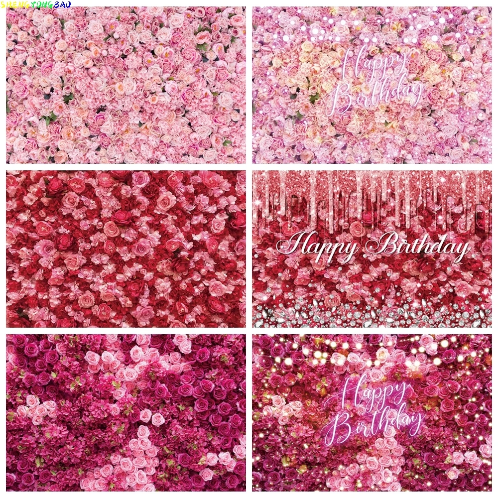 

Happy Birthday Flower Wall Photography Backdrop Customized Glitter Pink Red Floral Wedding Bridal Baby Shower Photo Background