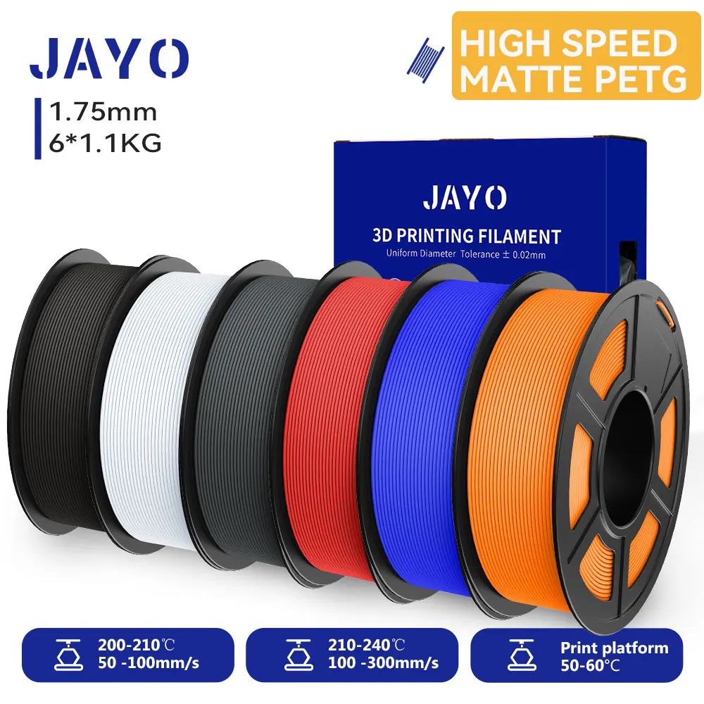 JAYO 6Rolls High Speed Matte PETG 3D Filament 1.75mm 30mm/s - 600mm/s Print Range High Flow Speedy PETG 3D Printer Filament