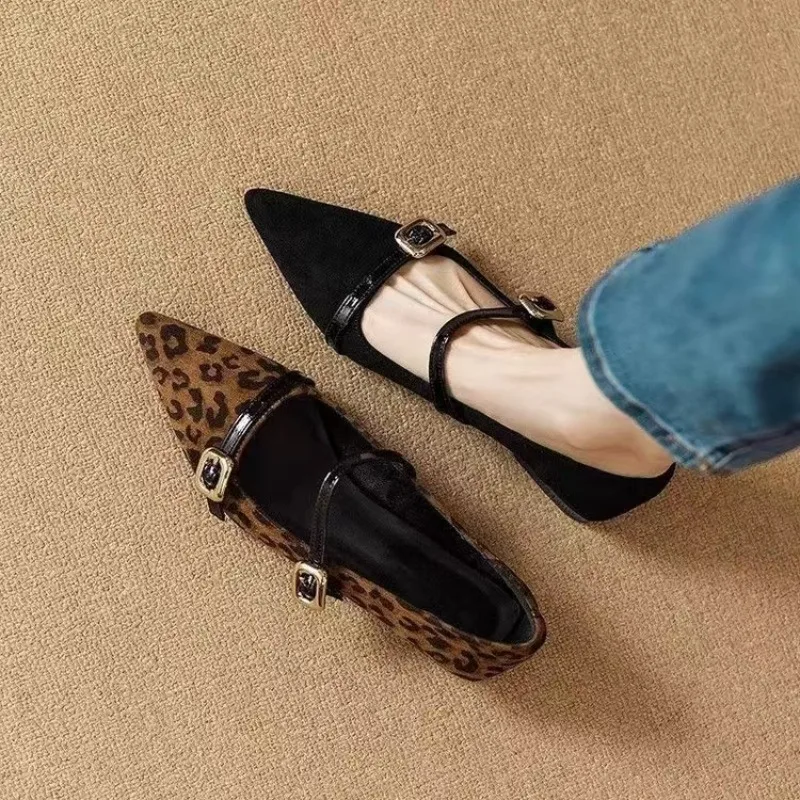 Women Pointed Toe Flats, Leopard Print & Suede, Single Strap Metal Buckle, Vintage Chic, Comfort Flat‑Heel Daily Casual Shoes