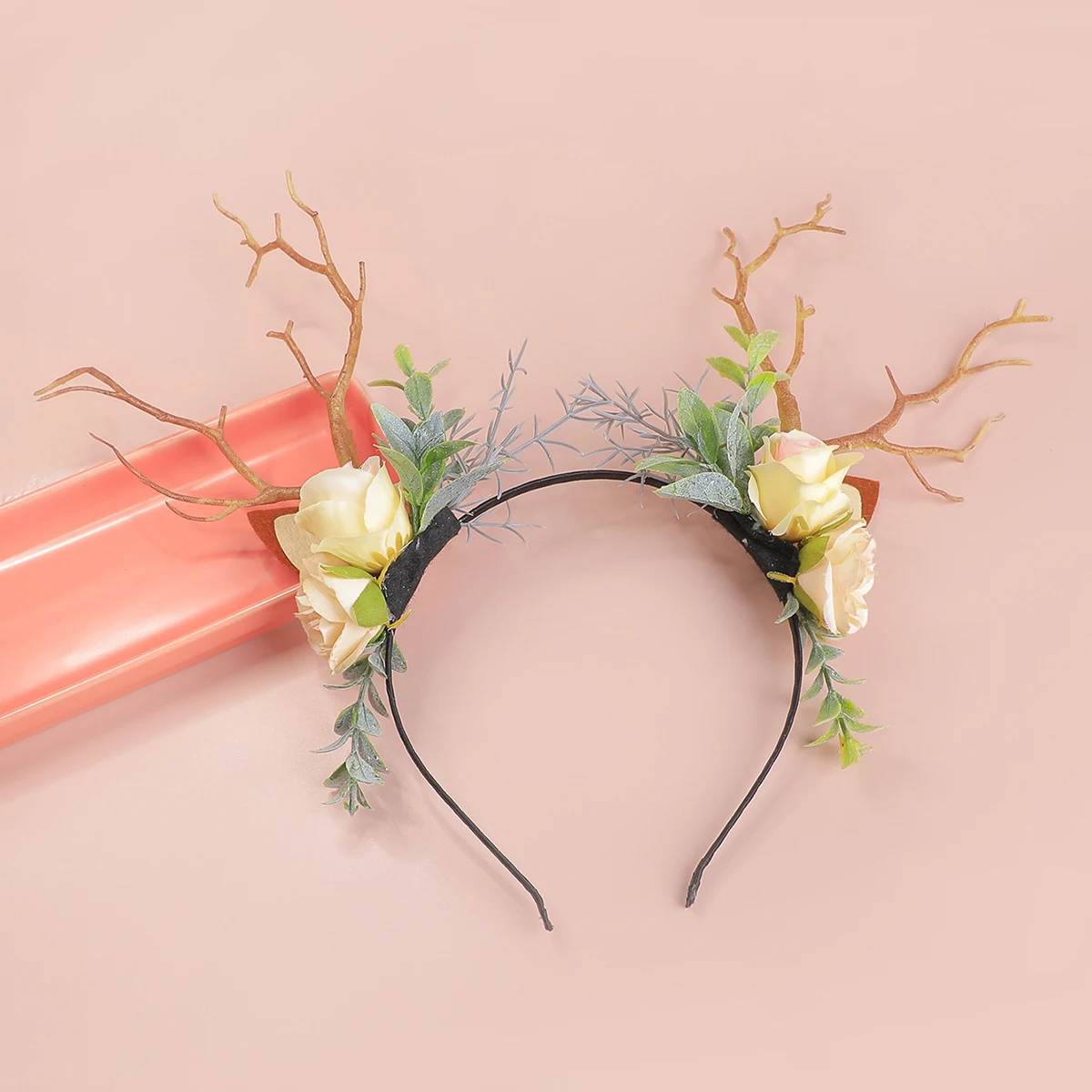 Haarband mit synthetischen Geweihblumen im Wald-Stil, Feenhaarband mit Baumspitzen, Cosplay-Kopfbedeckung für Weihnachten und Halloween, Foto- und Videodrehszenen – Detail 5