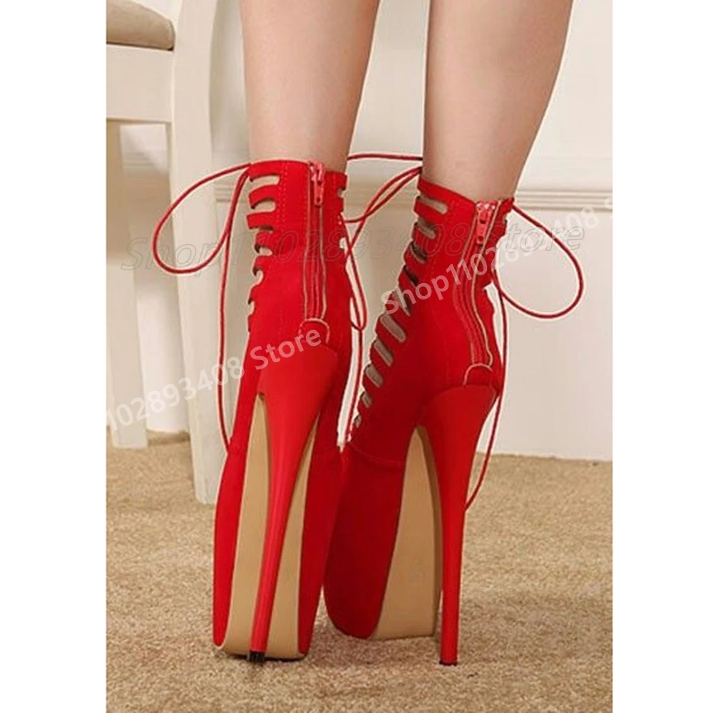

Sexy Red Suede Strappy Hollow Short Boots Hot Girls Pole Dance Stiletto High Heel Fashion 2025 Women Shoes Summer Para Mujere