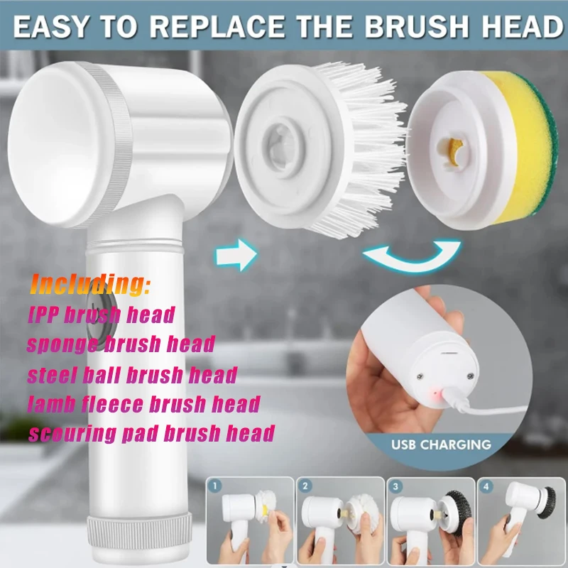 5 Replaceable Heads Wireless Electric Cleaning Spin Scrubber With Handheld Electric Cleaning Brush  for Kitchen Bathroom