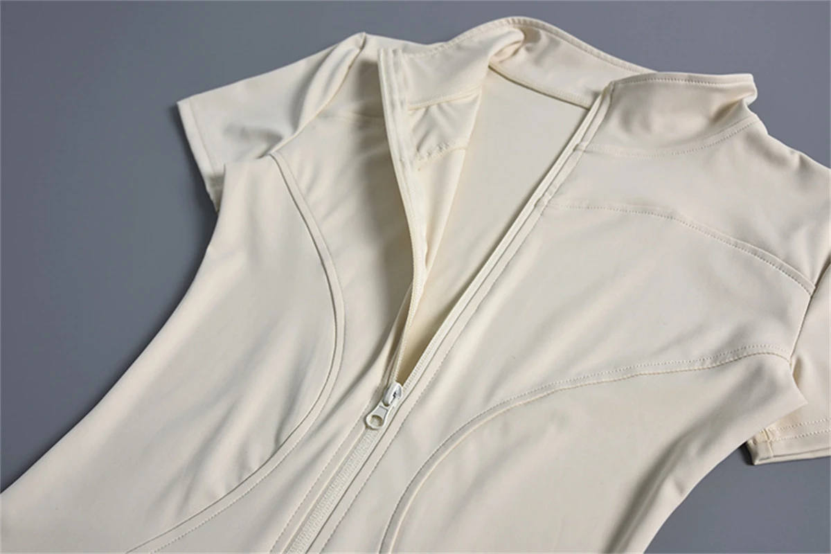 Frauen Sommer Schlank Yoga Tops Stehkragen Voll Zipper Kurzen Ärmeln Shirts Solide Workout Kleidung Gym Lauf Mäntel Dame Casual – Detail 12
