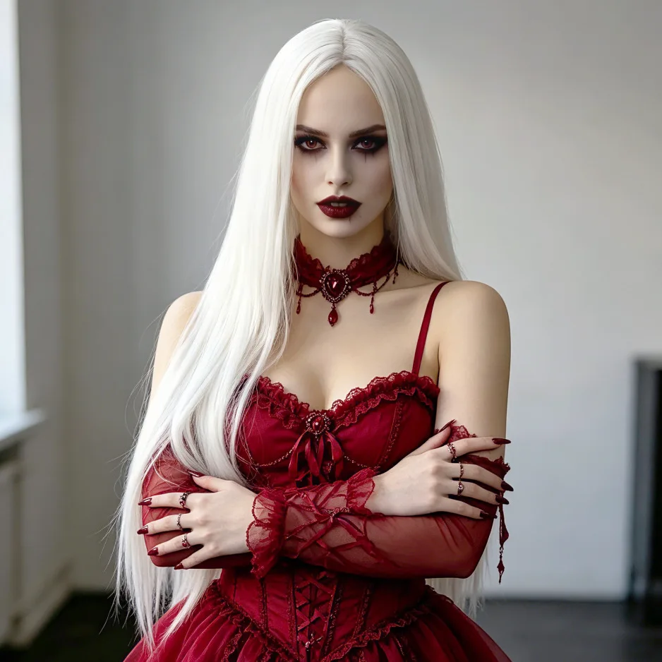 White Center-Parted Long Straight Synthetic Wig - Halloween Retro Dark Vampire Cosplay Wig - High Temperature Silk Wig Cap image 5