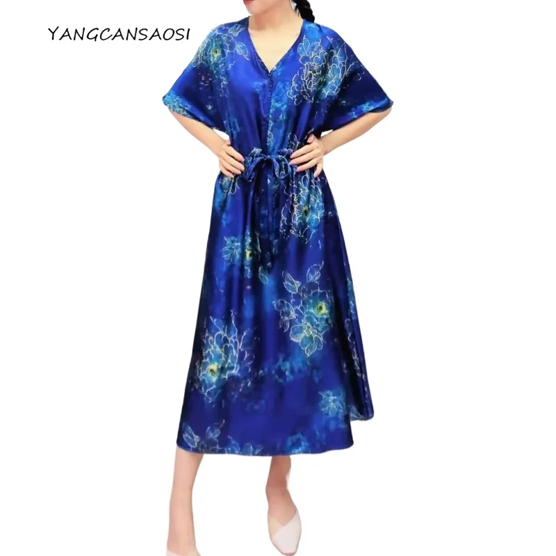 Blaue Pfingstrose, künstlerischer Charme, 93 % natürliche Maulbeerseide, elastischer Satin, V-Ausschnitt, Kordelzug, modisches, tailliertes Kleid für Damen