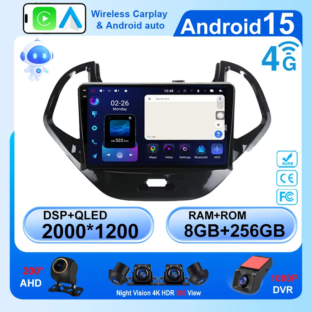 Rádio do carro android15 para ford figo ka 2015 - 2020 auto multimidia player navegação gps carplay android auto 2din dvd tela qled