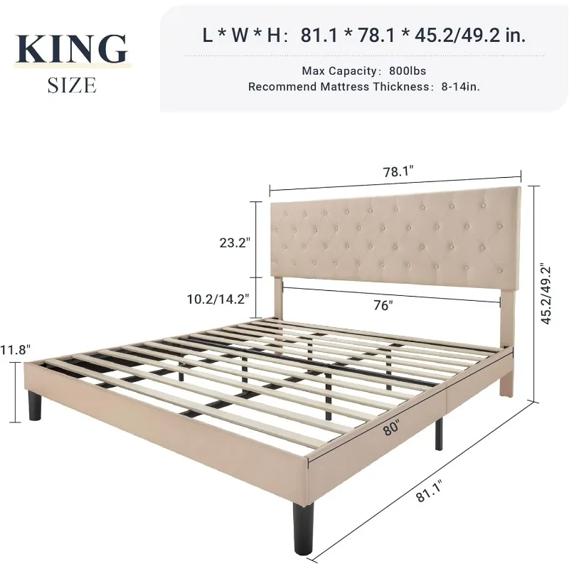 Kingsize Bedframe Met Verstelbaar Hoofdeinde, Met Stof Gestoffeerd Platform Bedframe, Houten Lamellensteun, Geen Boxspring Nodig, Beige