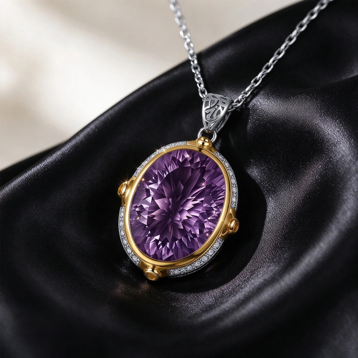Women Oval Amethyst Pendant Necklace S925 Sterling Silver Oval Cut Purple Crystal With Surrounding CZ 18K Gold Plated For Lady Wedding Anniversary Party Daily Wear Romantic Jewelry Gift Vintage Hollow Bail Design Elegant Luxury Clavicle Chain Link
