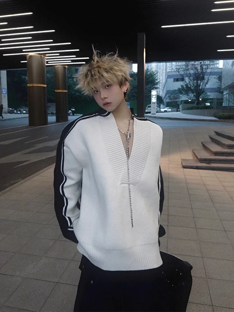 

Мужской свитер American Style оверсайз с V-образным вырезом, осенне-зимний, свободного кроя, удобный, повседневный, с длинными рукавами, для отдыха