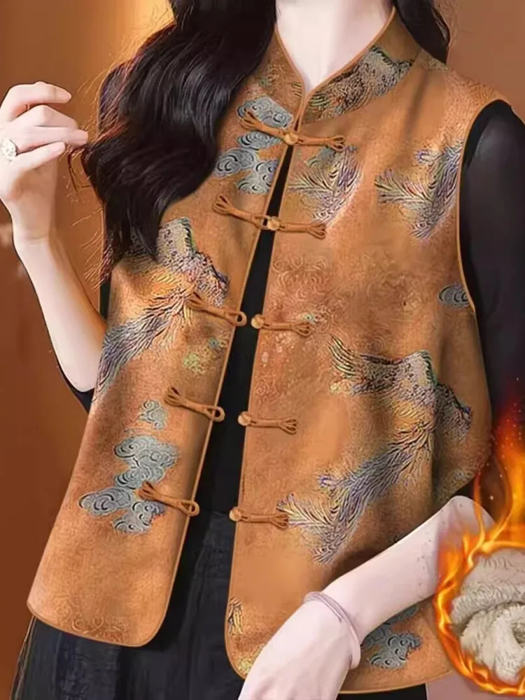 

Chinese Sle Floral Embroidered Fce Lined Button up Svel Vest Faionable Retro Top for Women And Mothers