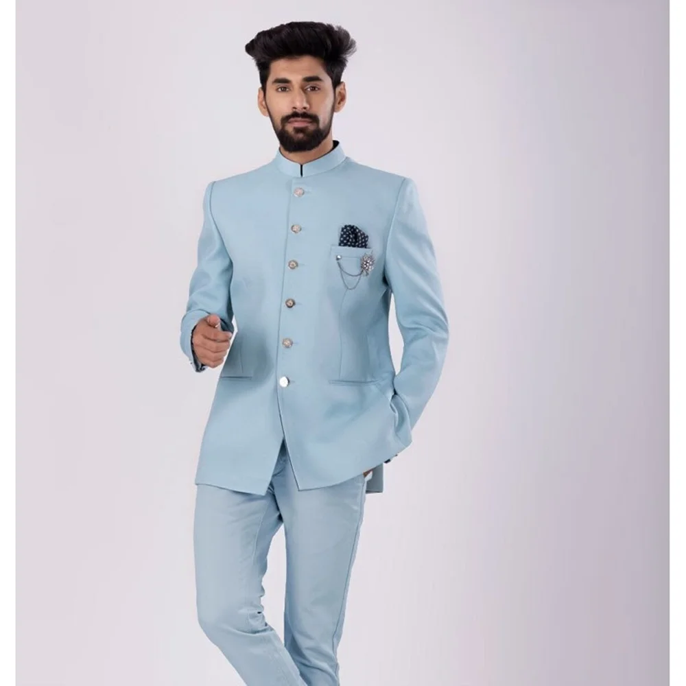 

Chic Stand Collar Single Breasted Male Suit Slim Fit 2 Piece Fashion Smart Casual Office Formal Wedding Tuxedo Blazer with Pants