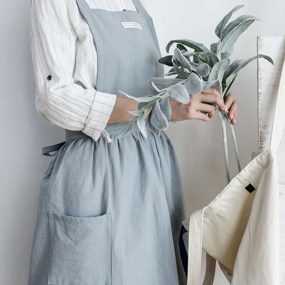 Apron Nordic Linen Pleated Wind Gardening  Women Dress Cross Skirt Pinafore Cotton Brief Works Back Girls Vintage Tool