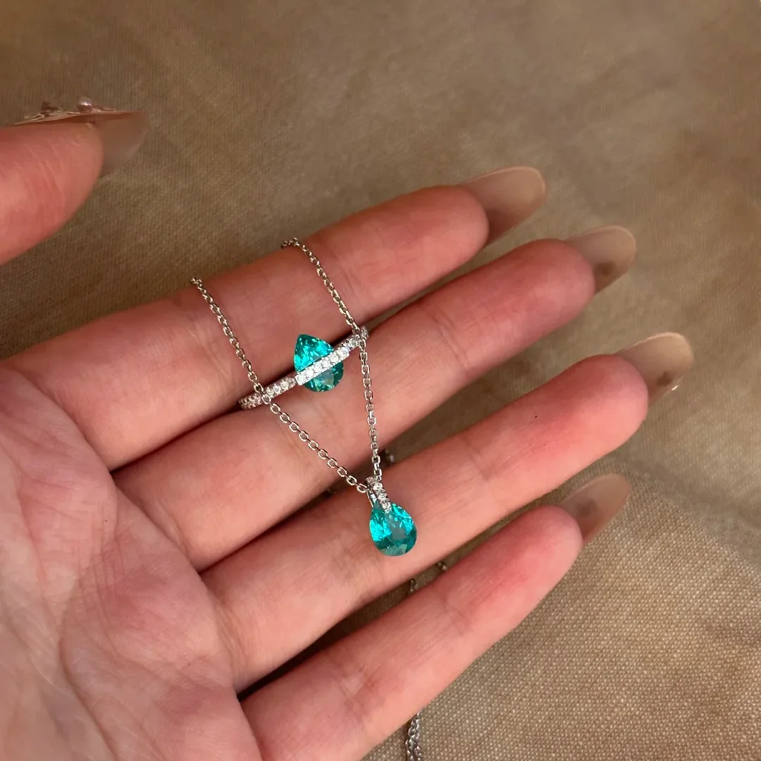 925 Sterling Silver Water Drop Zircon Paraiba Clear and Elegant Water Drop Zircon Planet Necklace Stud Earrings Ring Set