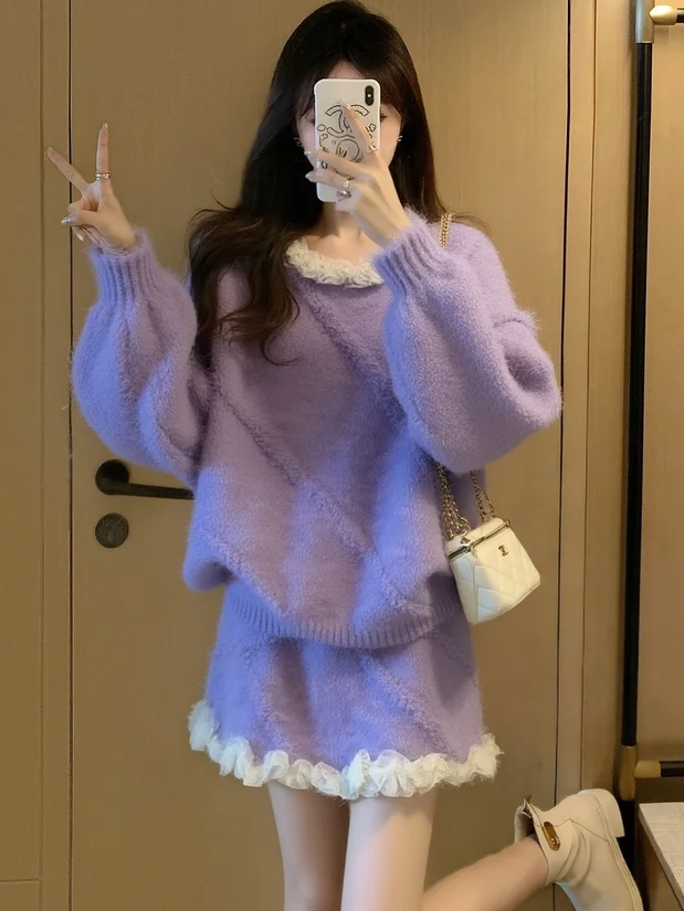 

Autumn Winter 2025 New Purple Knitted Set Women's Lazy Style One Whole Sweater Short Skirt Two Piece Set Fashionable Casual O...