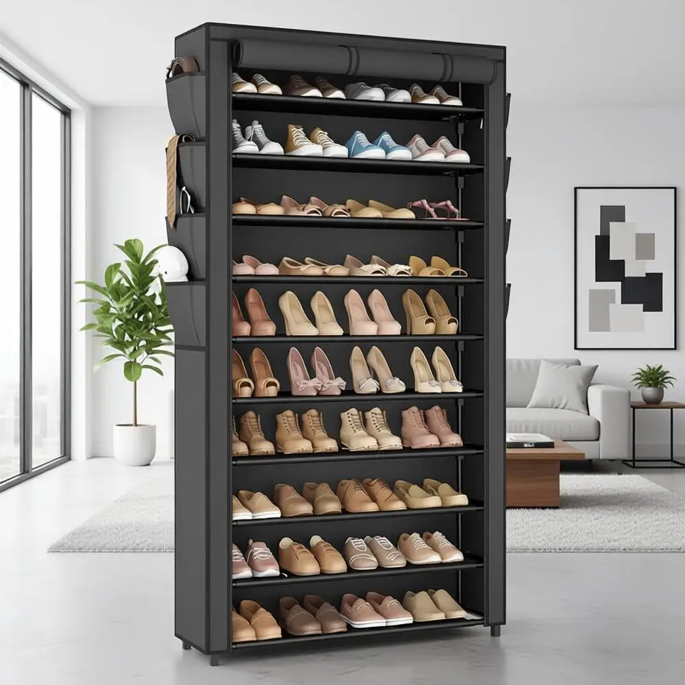 

10-Tier Shoe Organizer with Cover, Large Capacity for 50-55 Pairs, Ideal for Entryway, Closet, Garage