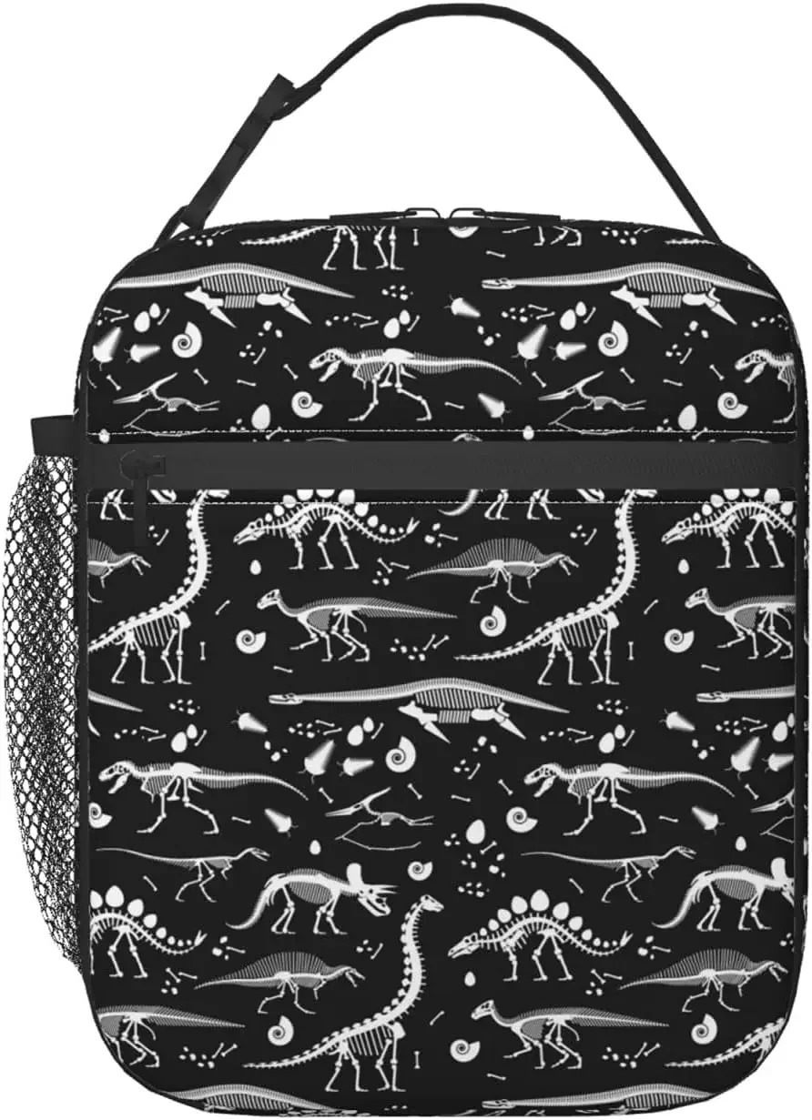 

Black and White Dinosaur Skeleton Lunch Bag Insulated Lunch Box Cooler Tote with Shoulder Strap for Boys Girls Women Men