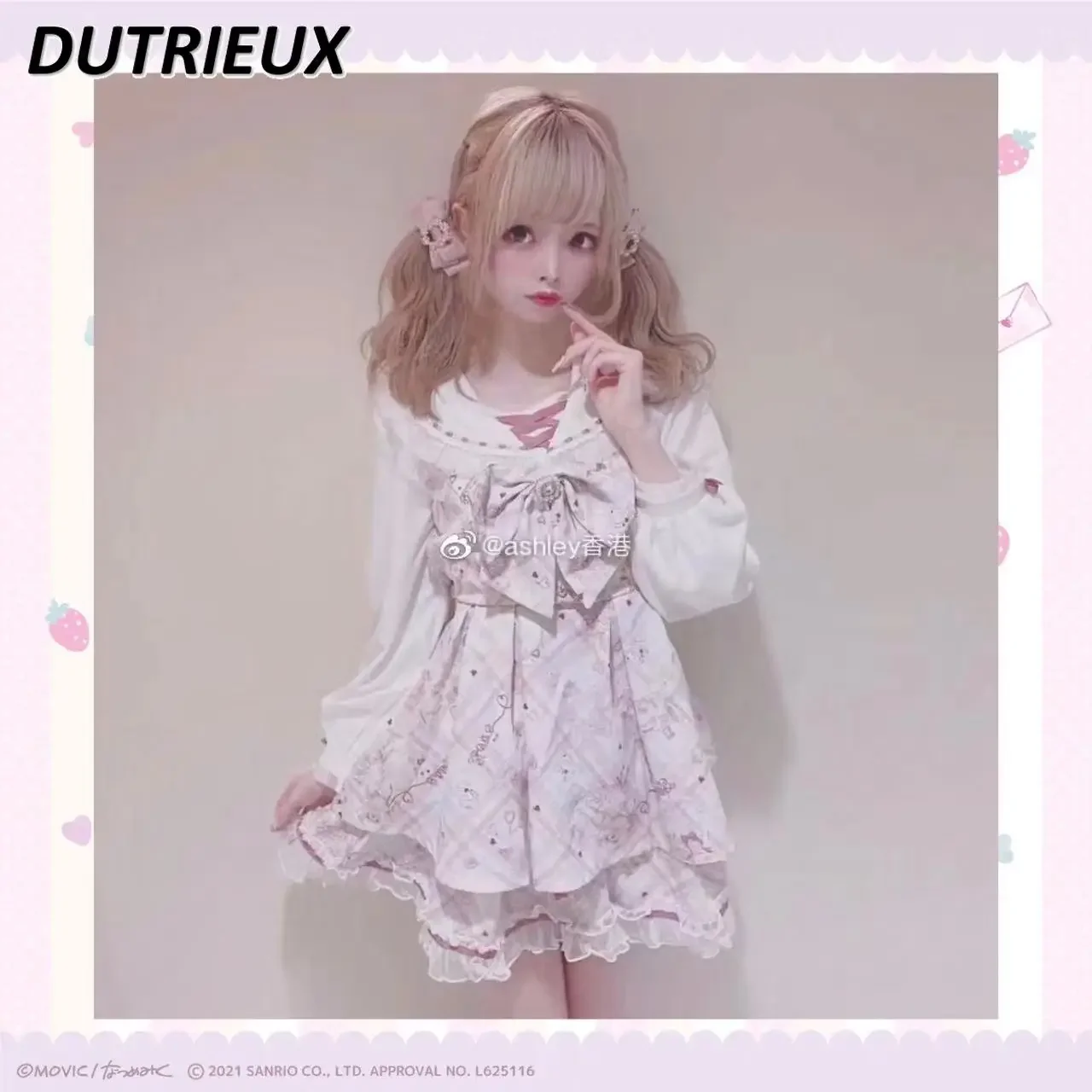 Spring Summer New Japanese Style Sweet Long Sleeve Slimming Short Dress Rojita Kawaii Cute Girls Bow Cartoon Print Dresses