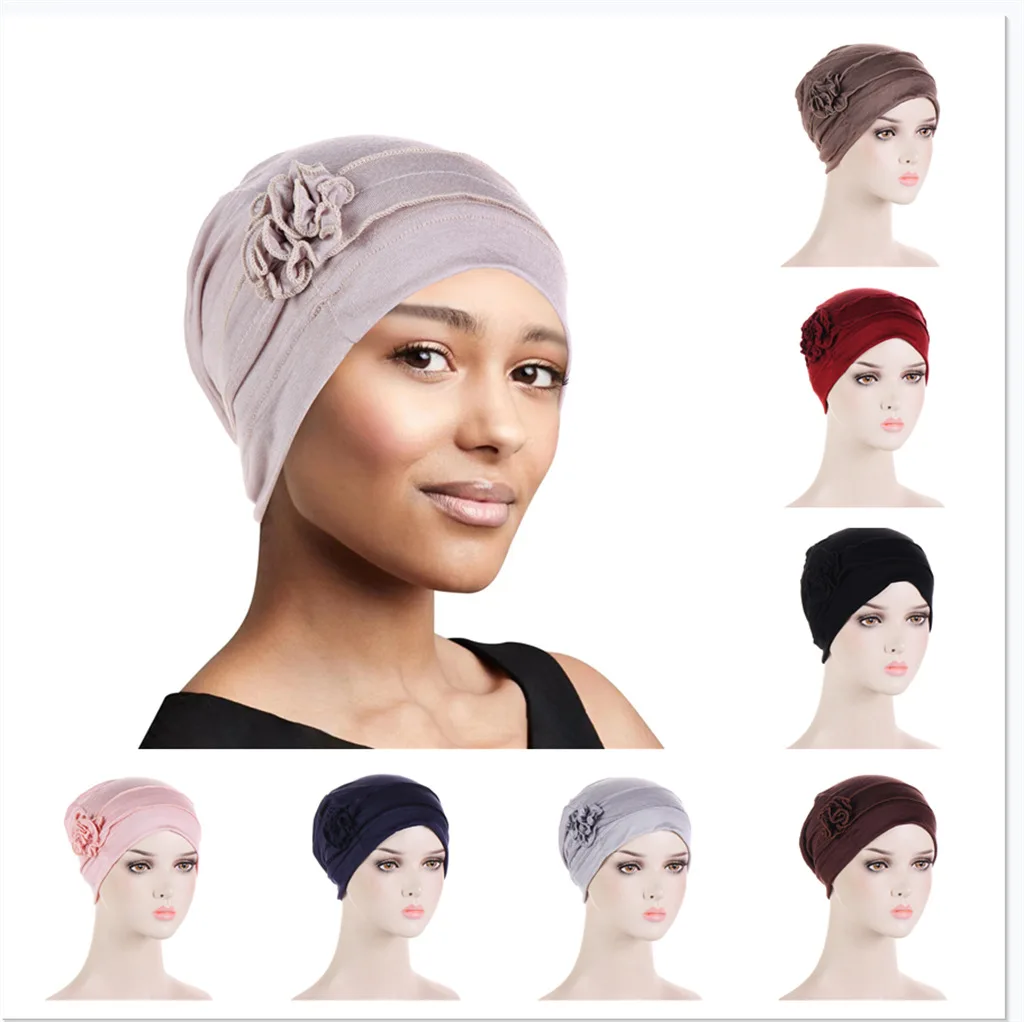 Classic Flowers Hijab Turban For Women Vintage Solid Color Pleated Head Wraps Elastic Head Scarf Casual Chemo Cap Ramadan Hats