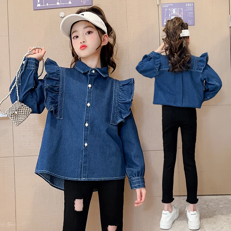 Kids Girl Fashion Puff Sleeve Denim Shirt Jacket Cowgirl Denim Blouses Tweens Child Flutter Sleeve Jeans Outfit Tops Age 4-13Y