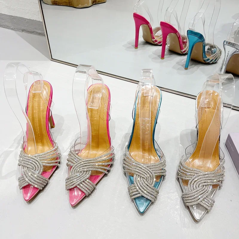 

2024 Spring/Summer New High Heel Diamond Banquet PVC Transparent Headed Shallow Mouth Thin Heel Pointed Women's Sandals