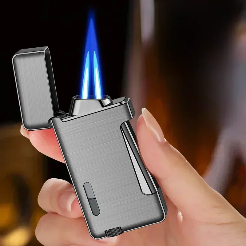 Metal Butane Gas Lighter Windproof Blue Torch Jet Drouble Fire Turbo Lighters Visible Oil Tank Cigar Smoking Accessories Outdoor