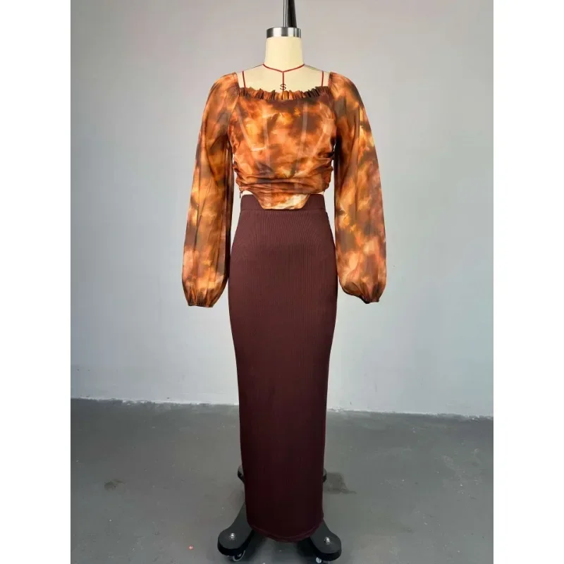 

New square collar lantern sleeve shirt high waisted skirt two-piece set