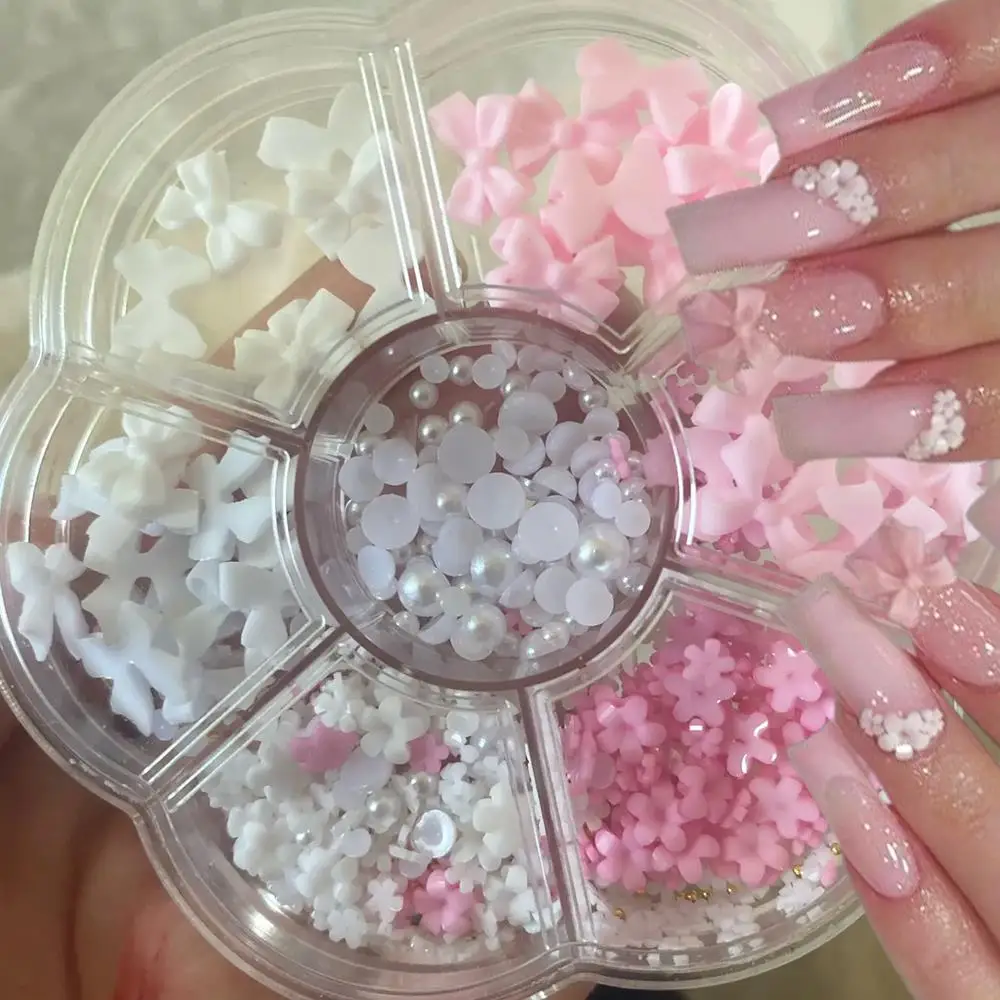 1Box 3D Pink/White Bowknot/Flower Nail CharmsCaviar Beads,Pearls Five-Petal Forals,Ribbon Nail Art Decoration DIY Nail Supplies