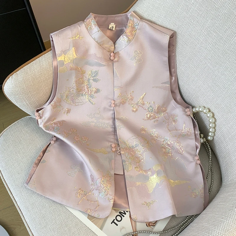 

New Chinese Sle Silk Song Jin Svel Stand Collar Jaet Women's Vest Outerwear Improved National Sle Commute Sle