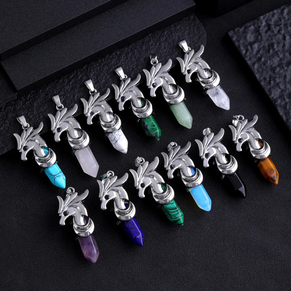 1 pieces of natural stone crystal hexagon column personality horse head necklace pendant