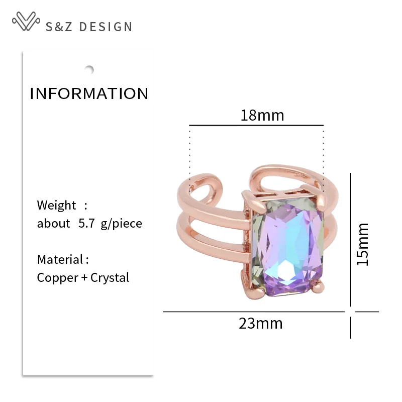 S&Z DESIGN New Fashion 585 Rose Gold Color Adjustable Rectangle Crystal Rings For Women Wedding Party Jewelry Gift