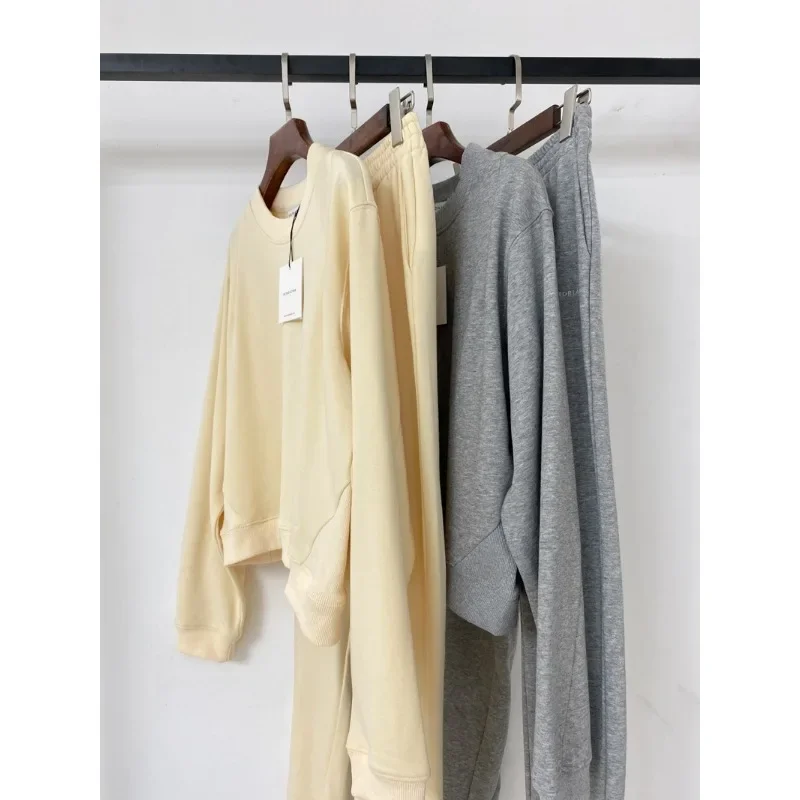 VC @ Short Hoodie for Women, Casual Line Decoration, Basic Round Neck, Long Sleeved Top, Autumn, 2024