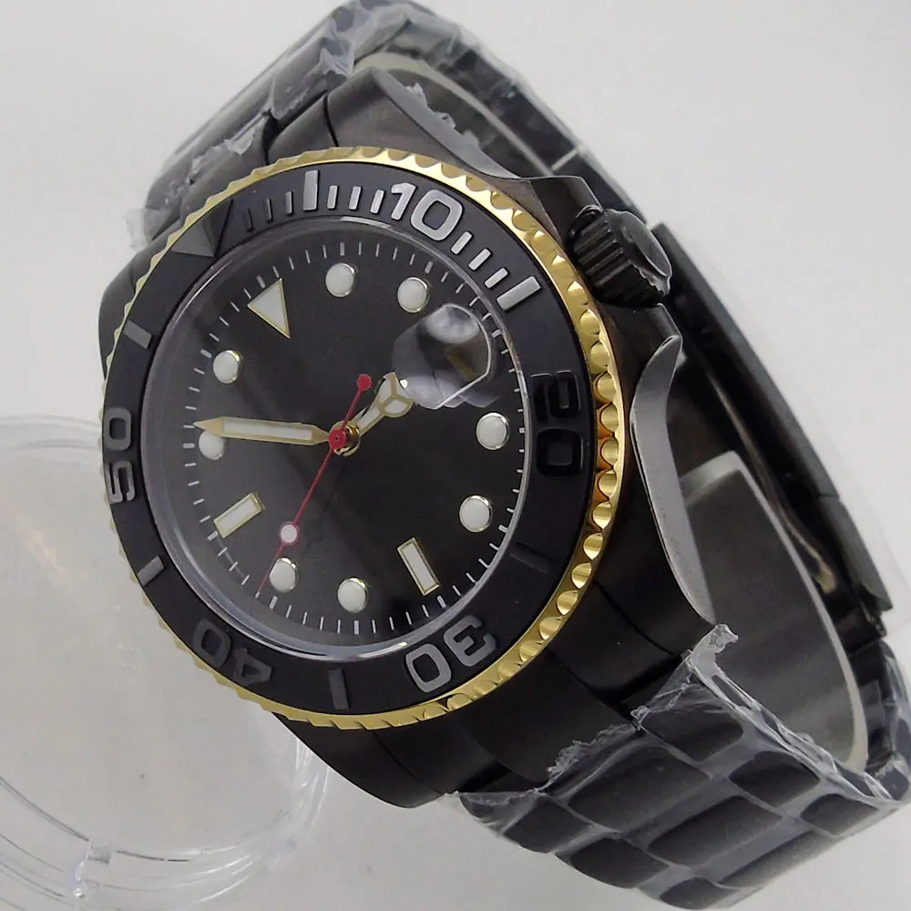 

NH35A MIYOTA Black Nologo Two Brushed Insert Bezel Selfwinding Men Wristwatch Red Second Hand Gold Index Insert