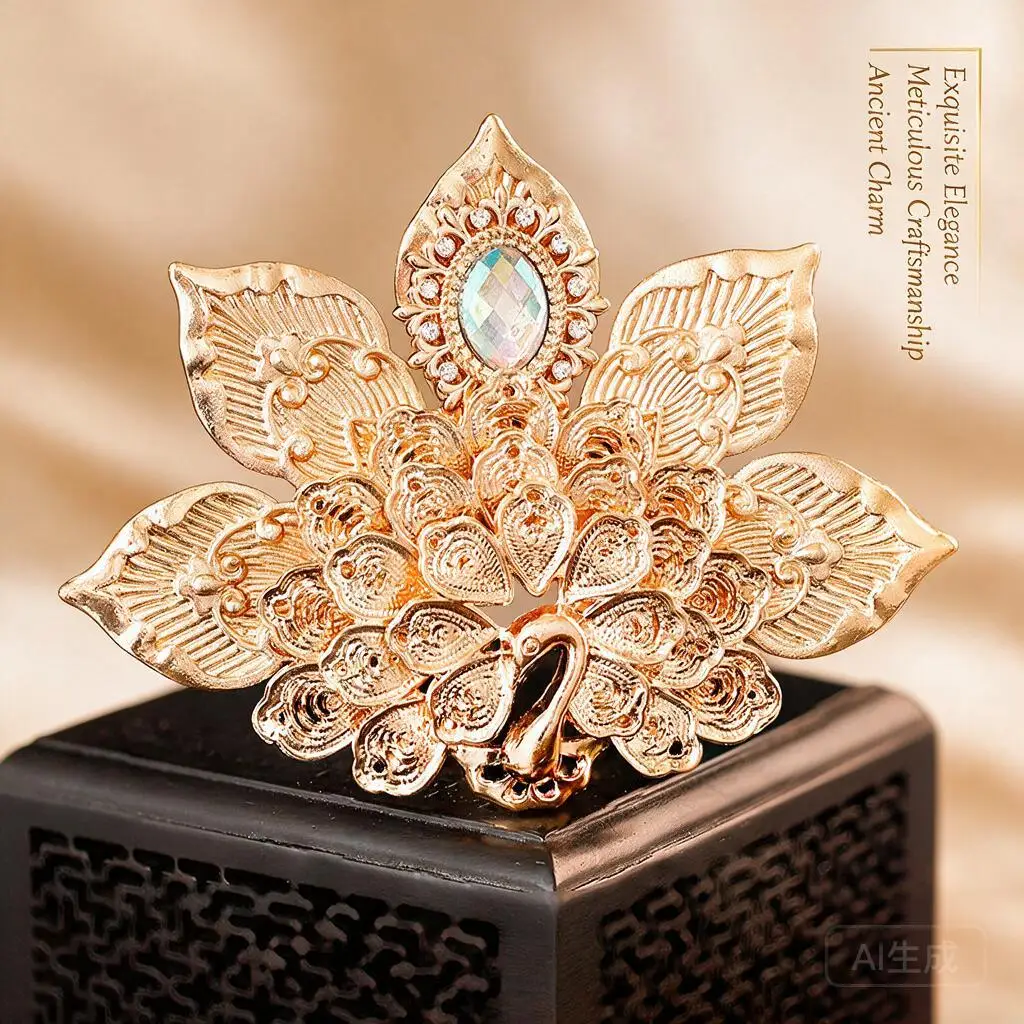 Vintage Golden Peacock Hair Crown Chinese Traditional Dunhuang Inspired Ornate Headpiece For Tang Ming Hanfu Retro Court Cosplay